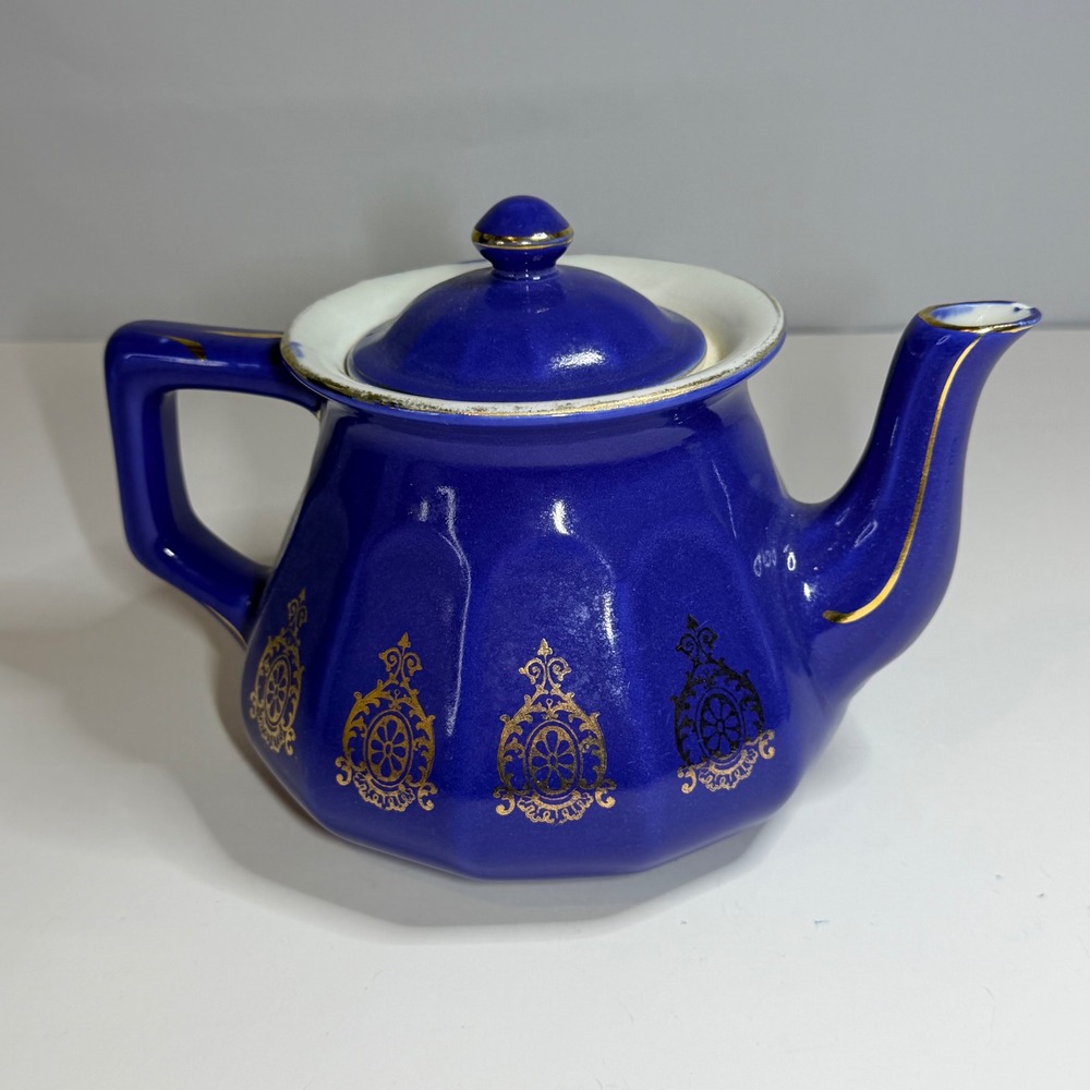 Hall China 0175 Cobalt Blue Gold Filigree 6 Cup Vintage Teapot Paneled Ceramic